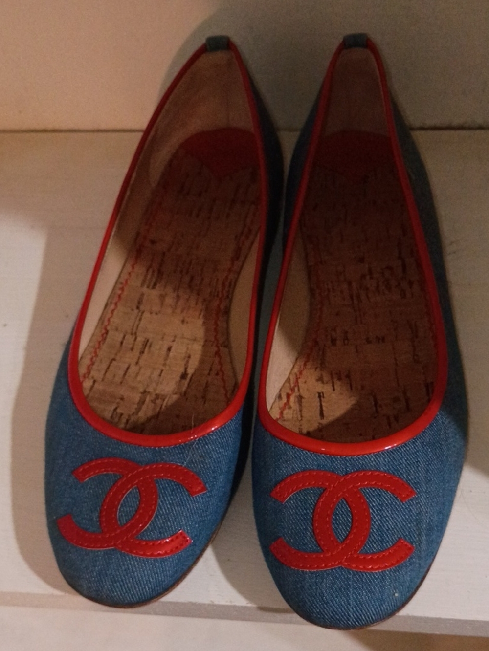 CHANEL Blue Denim Ballet Flats with Red Trim and CC Logo